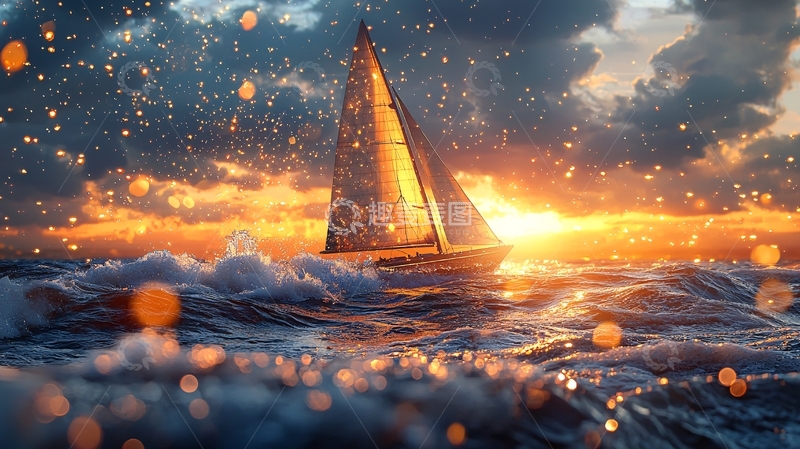 高清大图下载【趣麦麦图】夕阳西下帆船大海