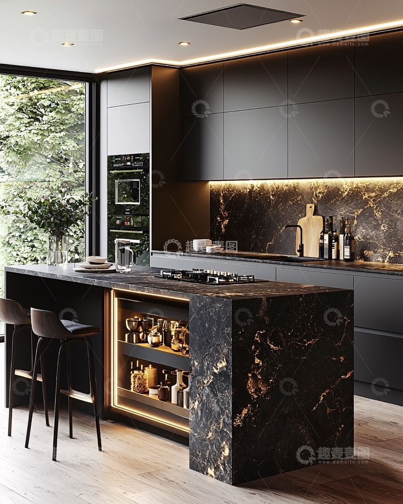 高清大图下载【趣麦麦图】现代黑色系奢华厨房
