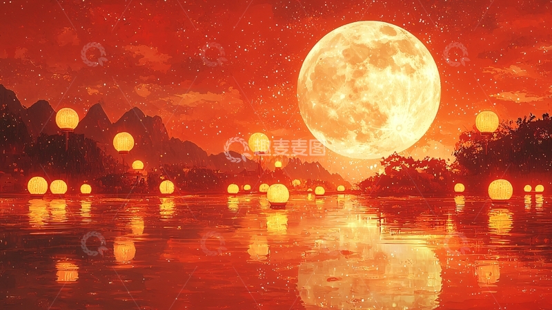 高清大图下载【趣麦麦图】红月夜色山水灯笼