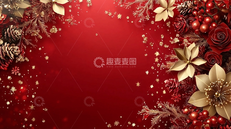 高清大图下载【趣麦麦图】红色背景金色花朵圣诞装饰
