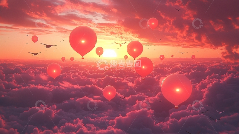 高清大图下载【趣麦麦图】红气球飞上天空的云海日落