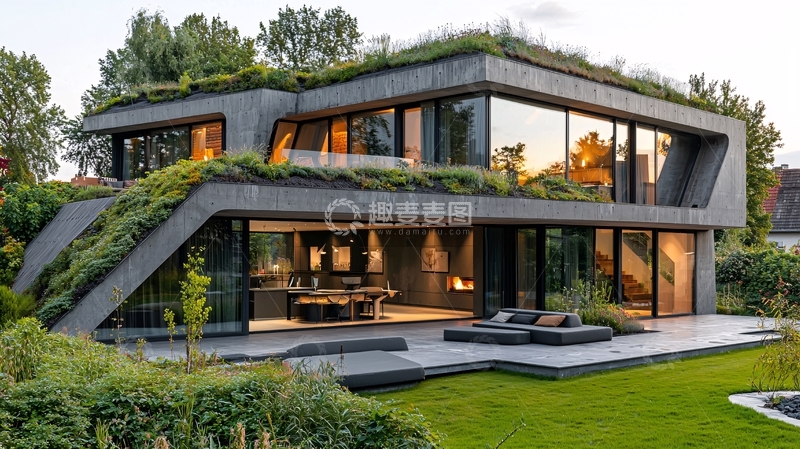 高清大图下载【趣麦麦图】现代风格绿色屋顶别墅