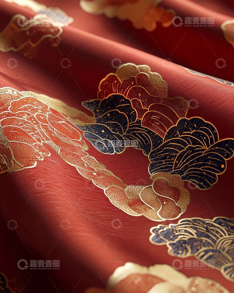 高清大图下载【趣麦麦图】红底金黑祥云纹理布料