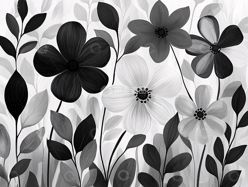 高清大图下载【趣麦麦图】黑白花卉植物背景