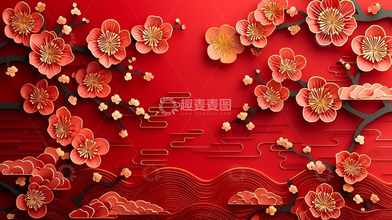 高清大图下载【趣麦麦图】红色梅花剪纸背景