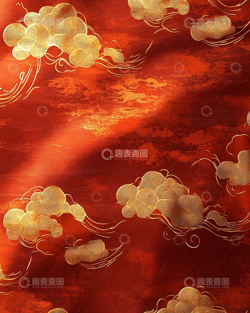 高清大图下载【趣麦麦图】红底金云纹织物