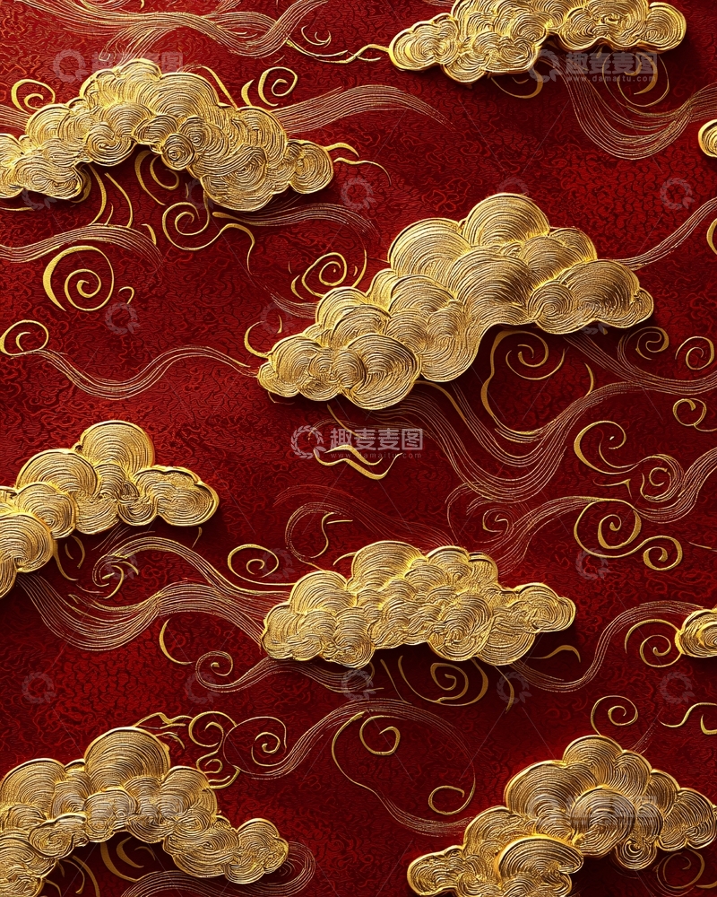 高清大图下载【趣麦麦图】金箔祥云红底纹理