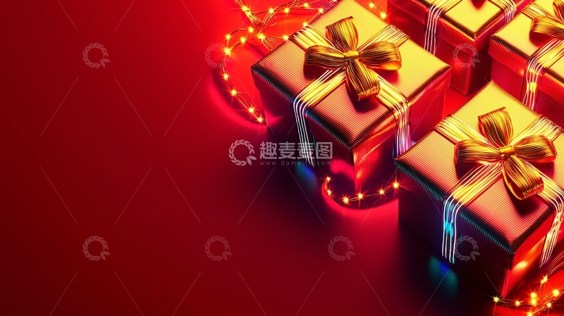 高清大图下载【趣麦麦图】红色背景上的金色礼盒