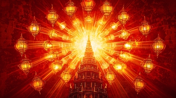 红光闪耀的宝塔与灯笼