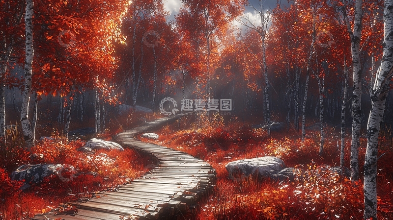 高清大图下载【趣麦麦图】秋日森林木板路