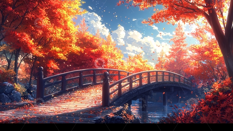 高清大图下载【趣麦麦图】秋日红叶小桥流水