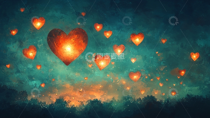 高清大图下载【趣麦麦图】夜空中飞翔的心形灯笼