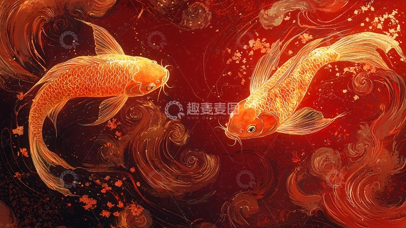 高清大图下载【趣麦麦图】红金鲤鱼水中嬉戏
