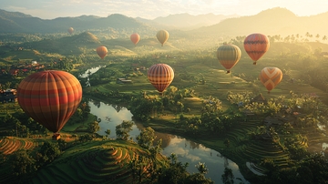 热气球飞跃山谷