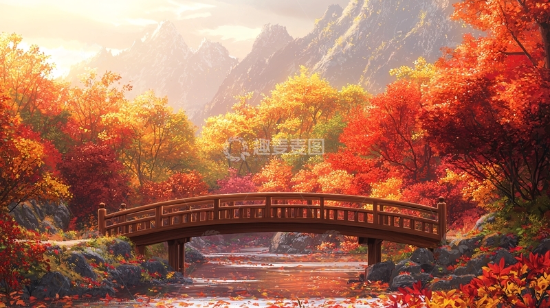 高清大图下载【趣麦麦图】秋日枫叶小桥流水