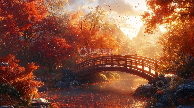 高清大图下载【趣麦麦图】秋日红枫桥流水