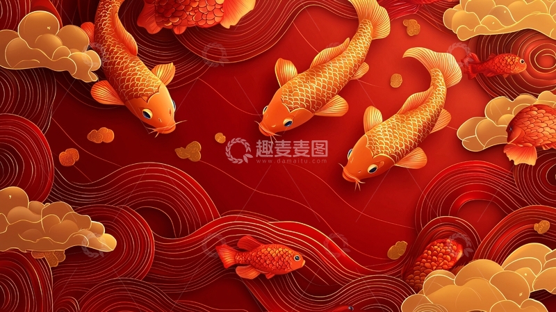 高清大图下载【趣麦麦图】红金色鲤鱼戏水祥云图