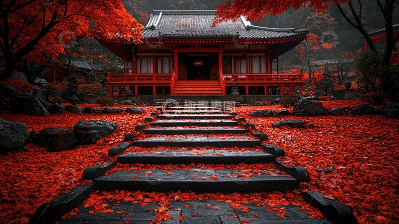 高清大图下载【趣麦麦图】红叶寺院石阶