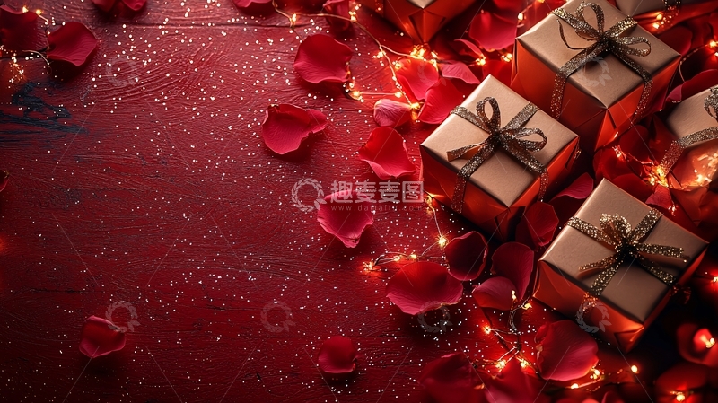 高清大图下载【趣麦麦图】红玫瑰花瓣礼物盒灯光