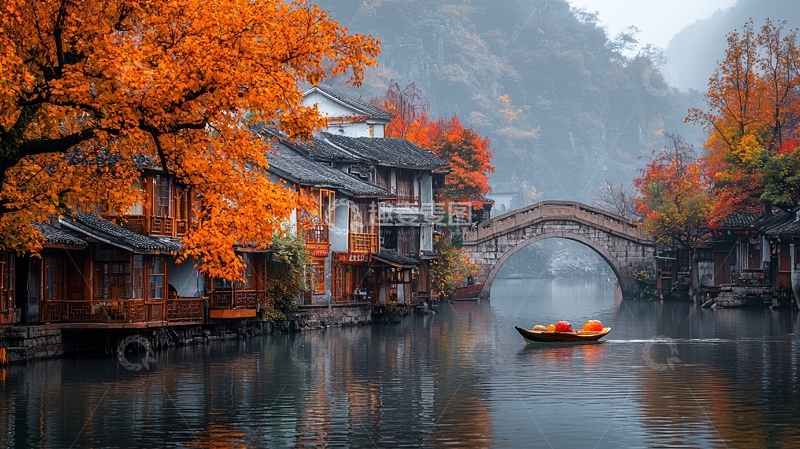 高清大图下载【趣麦麦图】秋日古镇水乡景色