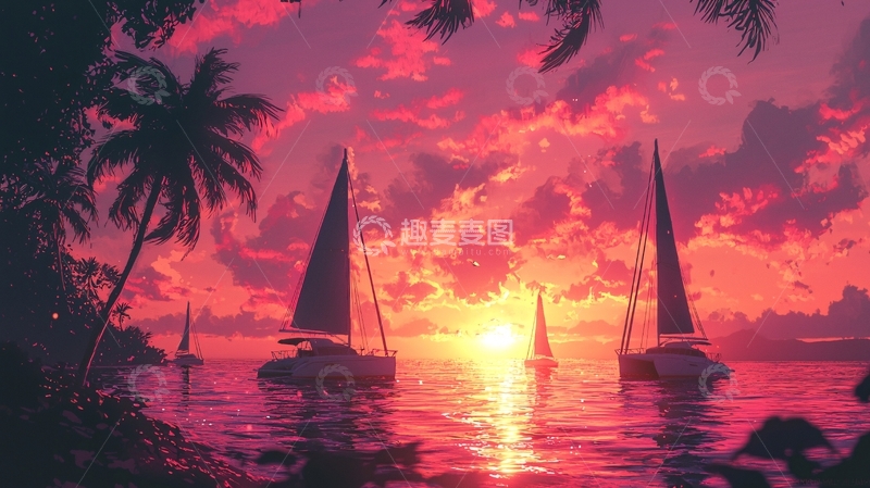 高清大图下载【趣麦麦图】热带夕阳海景帆船