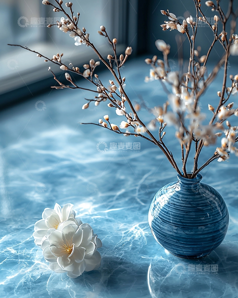 高清大图下载【趣麦麦图】蓝色花瓶里的白色花枝
