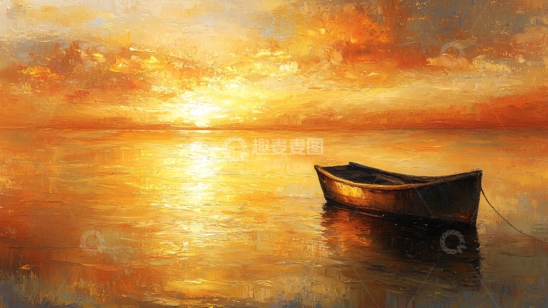 高清大图下载【趣麦麦图】夕阳西下孤舟海面