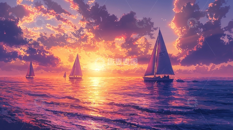 高清大图下载【趣麦麦图】夕阳西下帆船海上