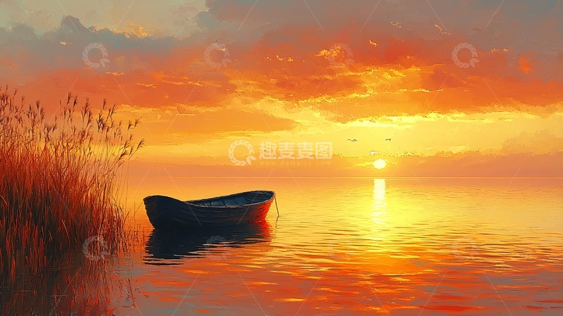 高清大图下载【趣麦麦图】夕阳西下小船湖面
