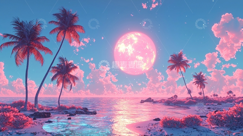 高清大图下载【趣麦麦图】粉色梦幻海滩