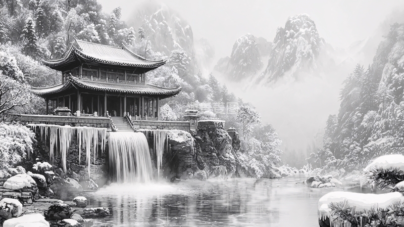 高清大图下载【趣麦麦图】雪景古建水墨画