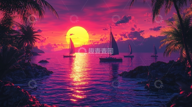 高清大图下载【趣麦麦图】热带海滩日落帆船