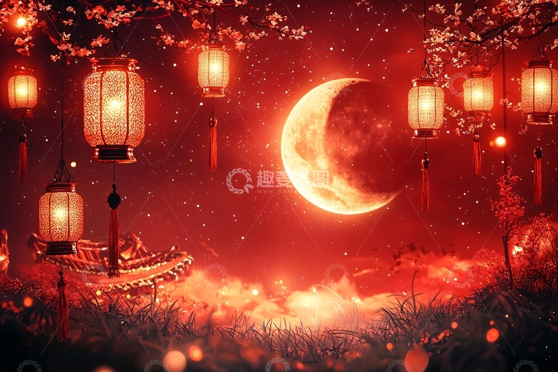 高清大图下载【趣麦麦图】红月夜色下的中国风灯笼