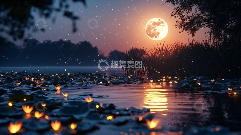 高清大图下载【趣麦麦图】月光下的萤火河