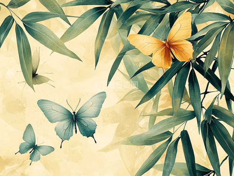 高清大图下载【趣麦麦图】水墨蝴蝶竹叶