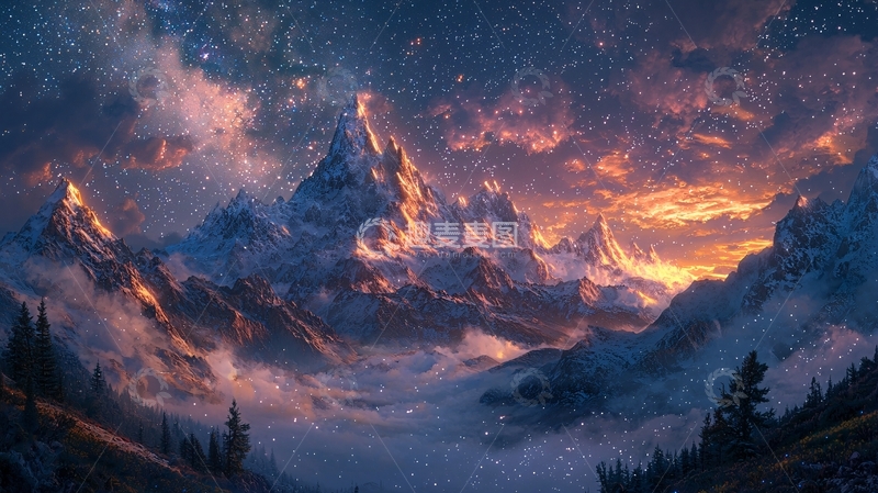 高清大图下载【趣麦麦图】星空下的雪山