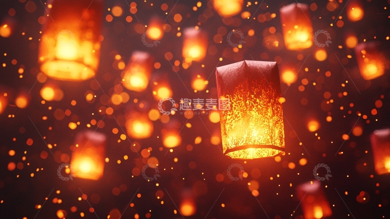 高清大图下载【趣麦麦图】夜空中飞舞的许愿灯笼