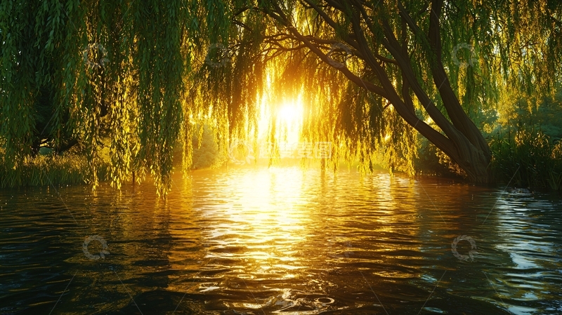 高清大图下载【趣麦麦图】夕阳下垂柳倒映水面