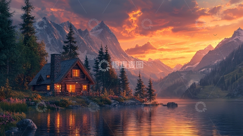 高清大图下载【趣麦麦图】山间木屋日落景色