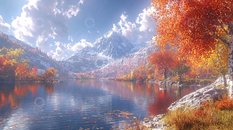 高清大图下载【趣麦麦图】秋日雪山湖泊景色