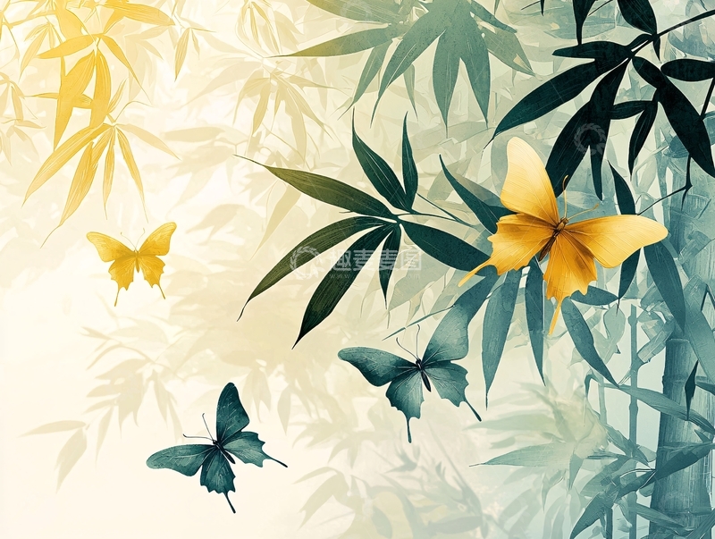 高清大图下载【趣麦麦图】水墨画风格竹林蝴蝶