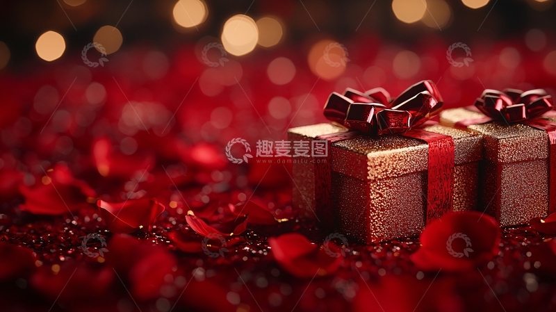 高清大图下载【趣麦麦图】红玫瑰花瓣上的金色礼物盒