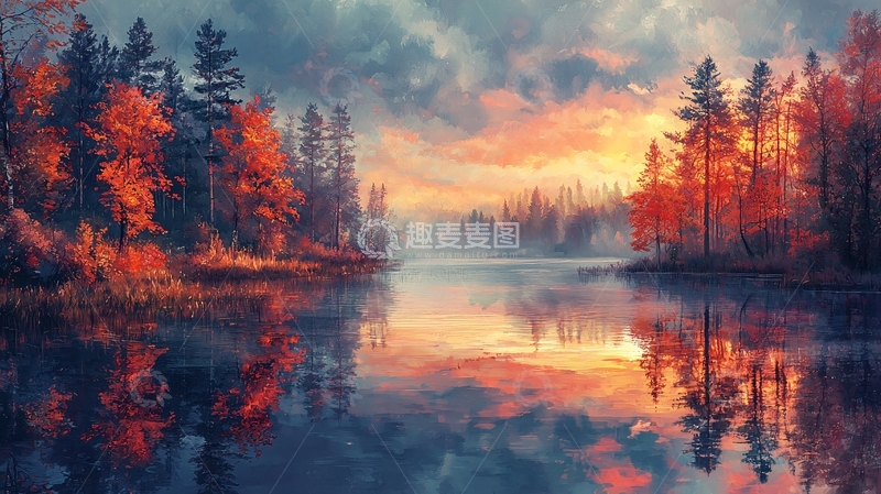 高清大图下载【趣麦麦图】秋日森林湖泊日落景色