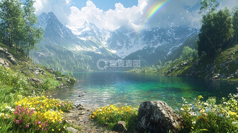 高清大图下载【趣麦麦图】彩虹雪山湖泊