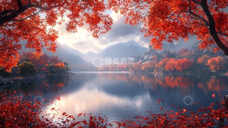 高清大图下载【趣麦麦图】秋日红叶湖光山色