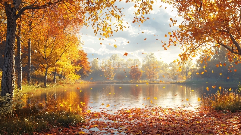 高清大图下载【趣麦麦图】秋日湖边落叶纷飞
