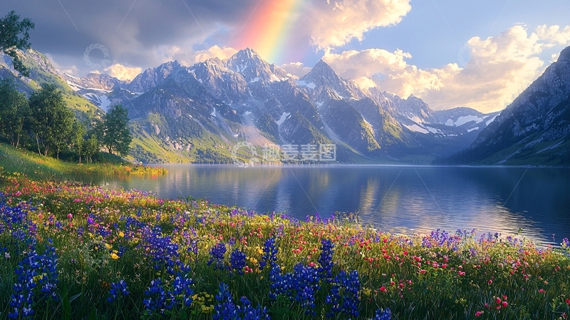 高清大图下载【趣麦麦图】彩虹雪山湖泊野花