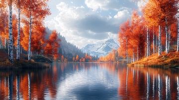 秋日湖泊山景倒影