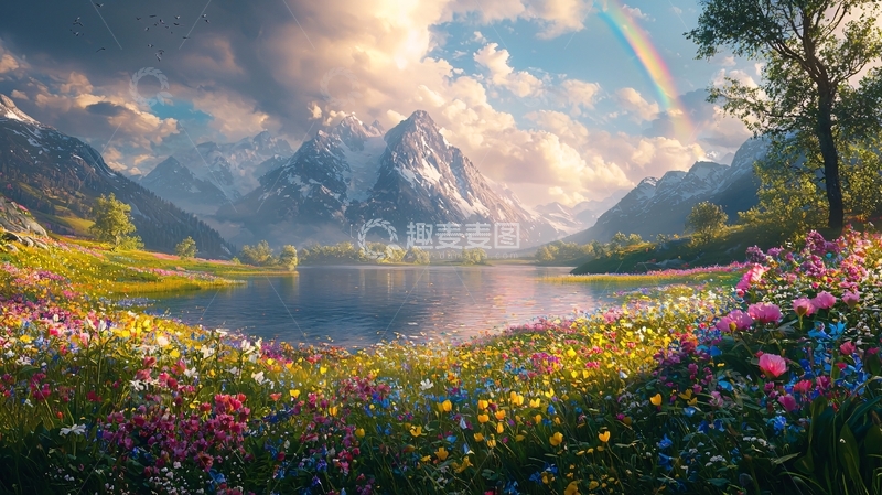 高清大图下载【趣麦麦图】彩虹雪山湖泊鲜花