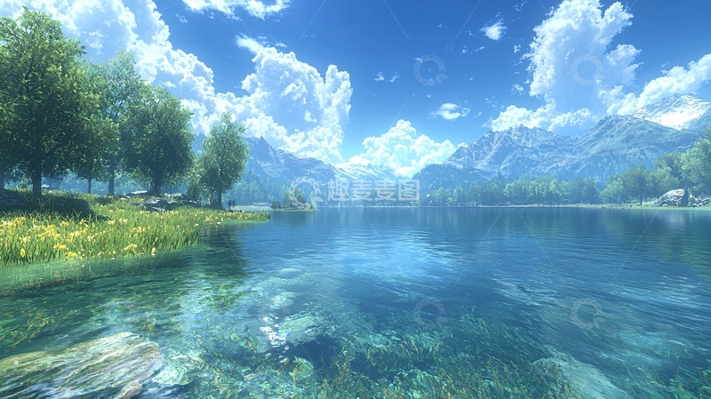 高清大图下载【趣麦麦图】阳光明媚的湖边山景